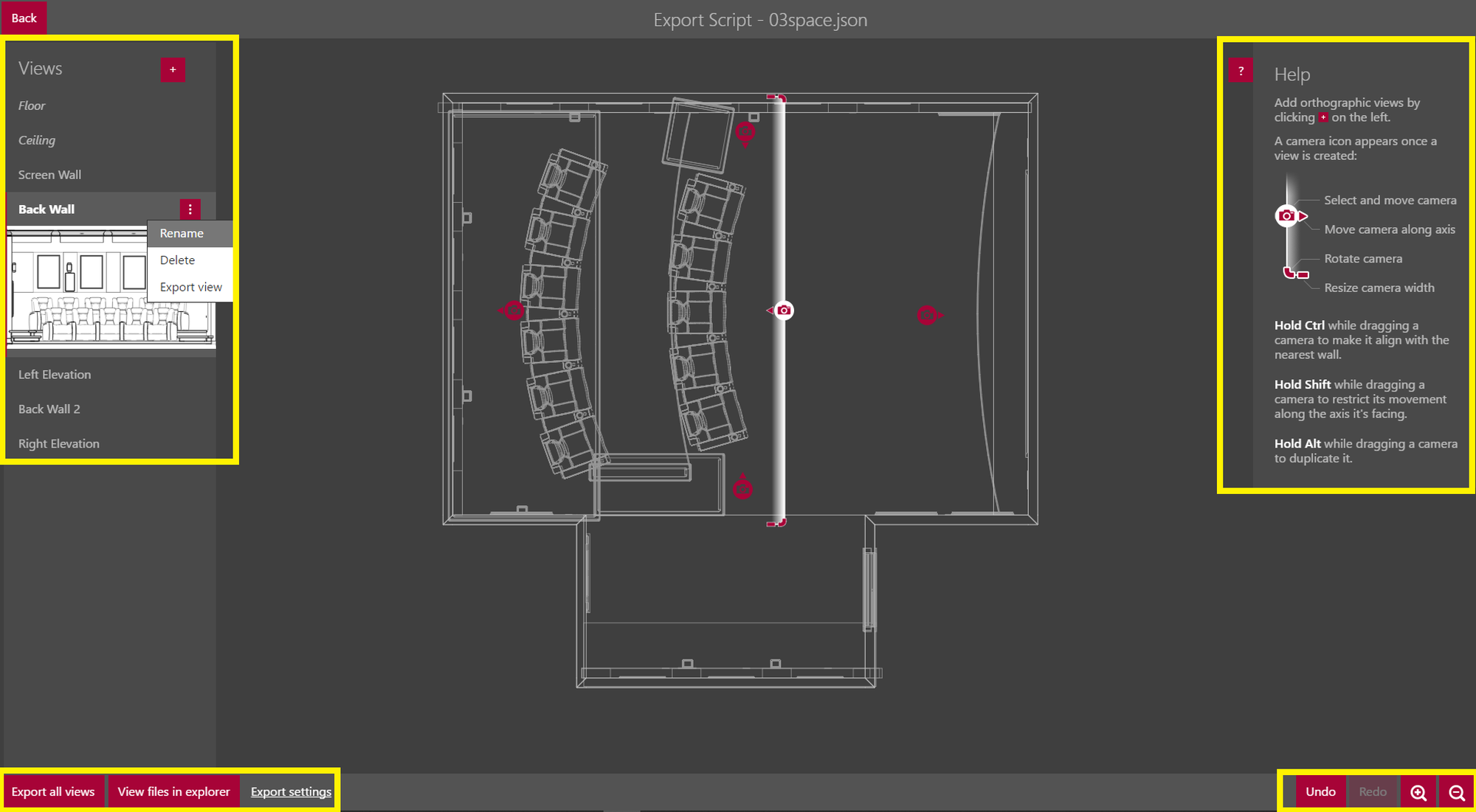 create orthographic views, export and change settings, help menu, undo