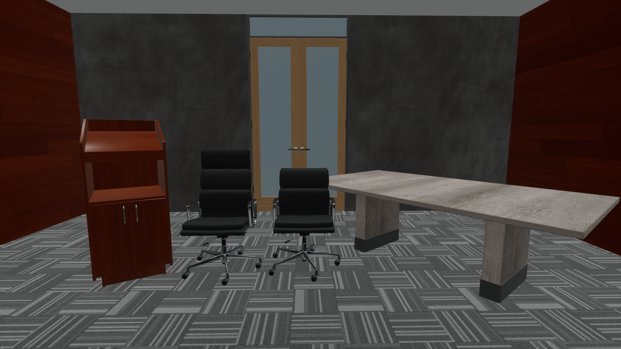 Podium, office chairs, conference table