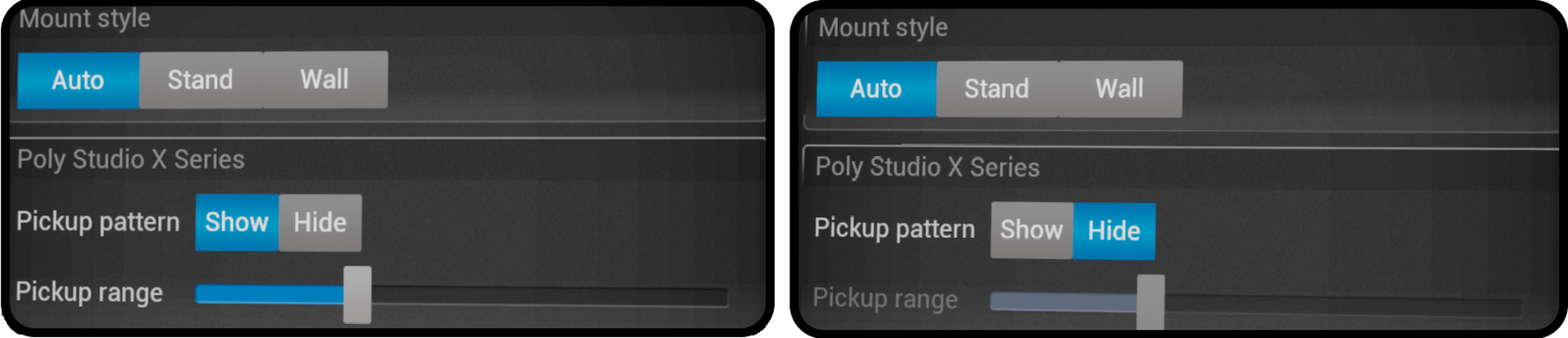 properties tab for the poly x30 and x50. When the pickup pattern is set to hide, the pickup range slider will be disabled.