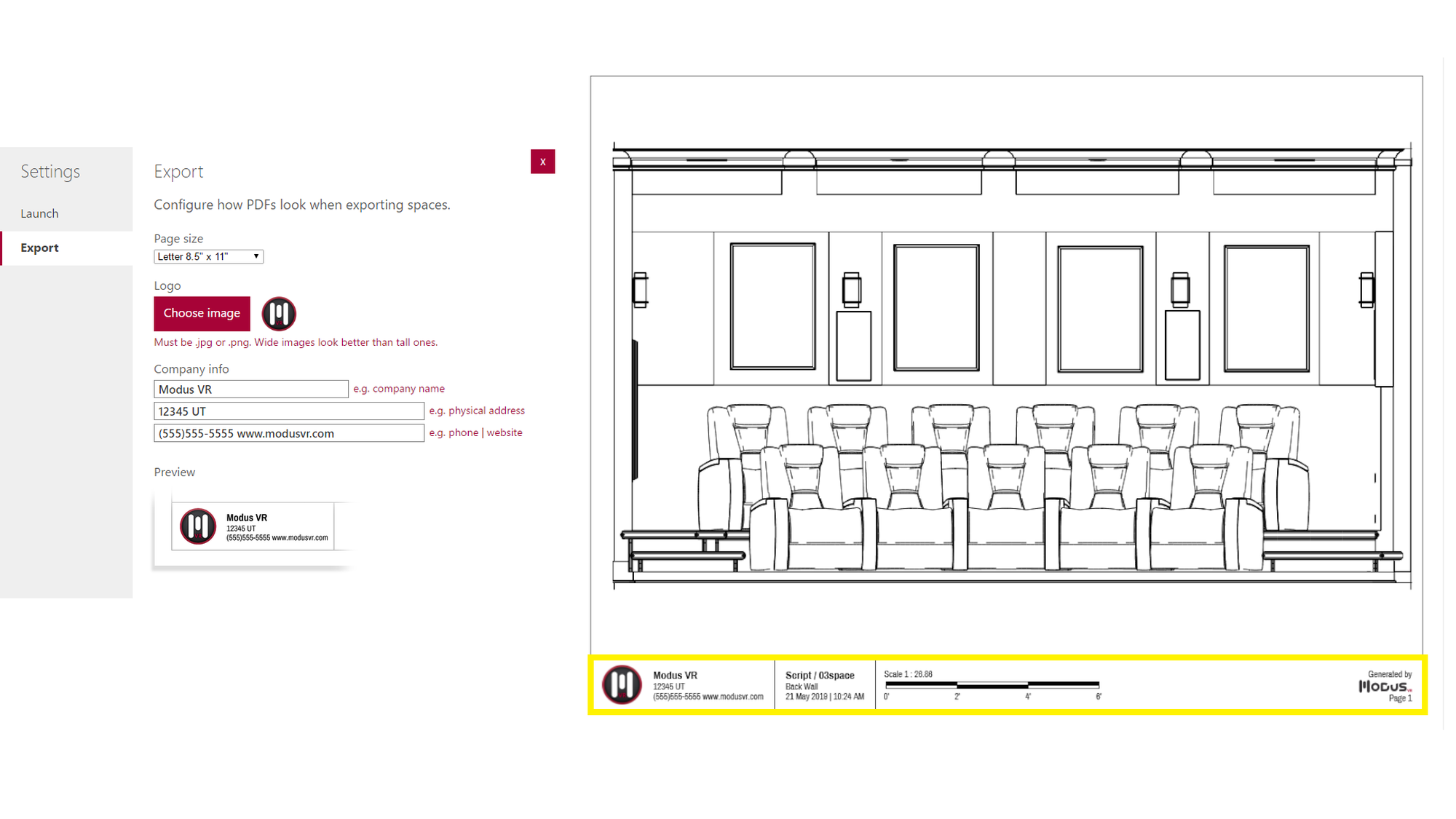 Export settings and example export page